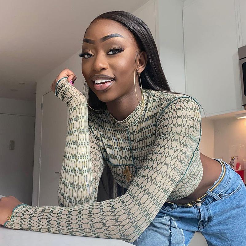 S-L Women Mock Neck Crop Top Stylish Long Sleeve Lettuce Trim Slim Fit Sheer Mesh See-through Tee Turtleneck T-Shirt Women's