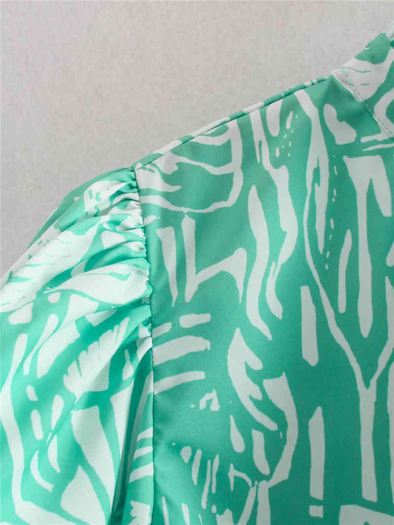 Streetwear Women Print Shirts Fashion Ladies Turquoise Stand Collar tops Elegant Female Chic Puff Sleeve Blouses 210430