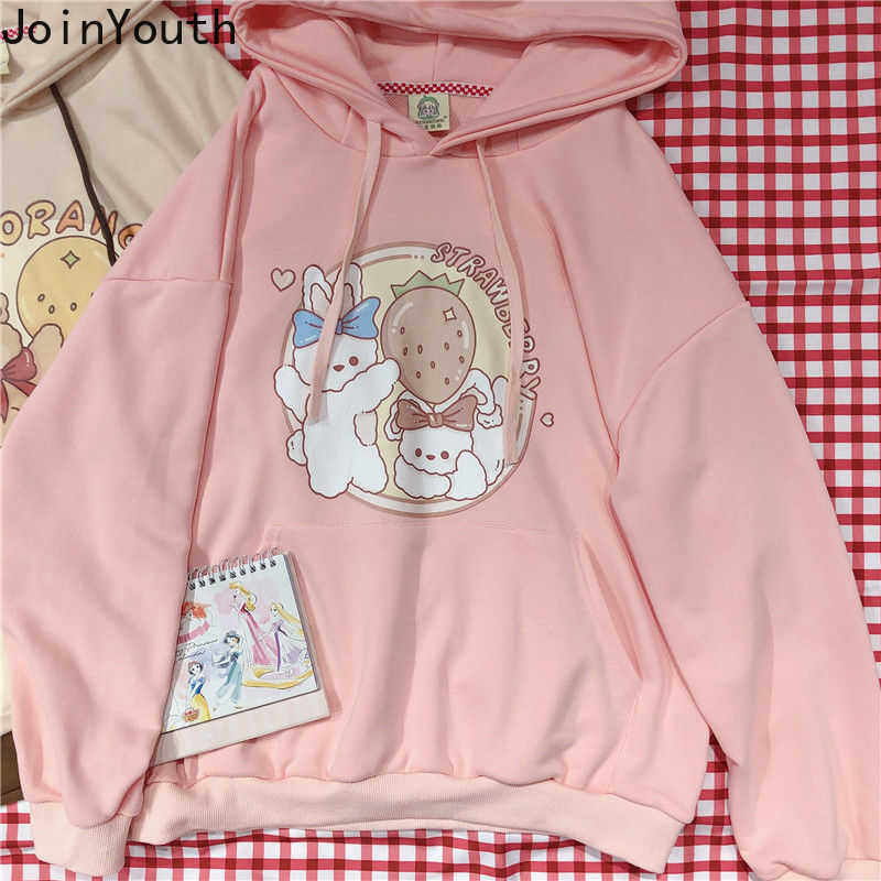 Joinyouth Hoodie Cartoon Print Hooded Pink Coat Tops Fashion Fall Clothes Loose Japanese Sweet Cute Sweatshirt 210910