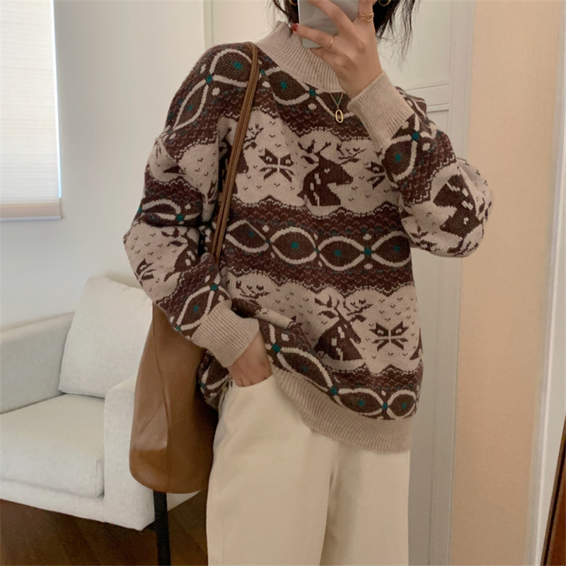 Autumn Winter OL Outwear Vintage Red Print Christmas Pullover Tops Warm Sweater Women Elegant Loose Knitted Sweaters 210421