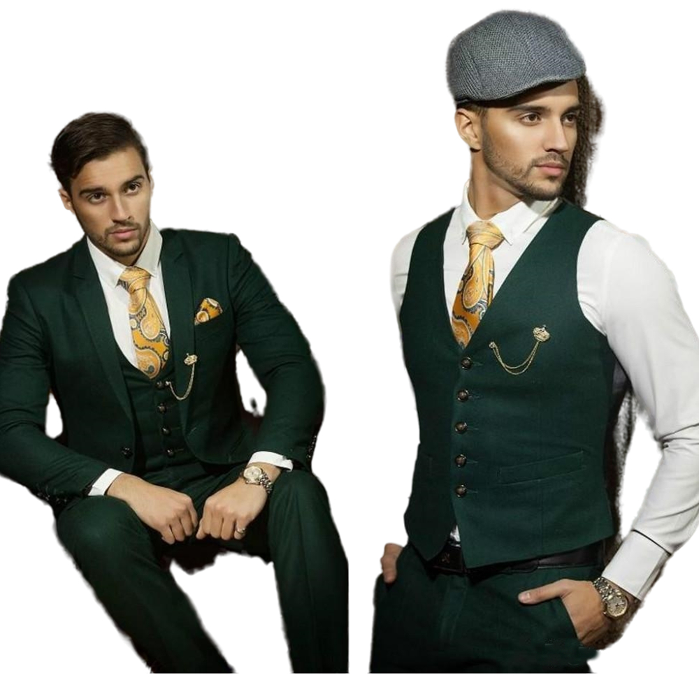 Vintage Three Pieces Dark Green Mens Wedding Suits Groom Tuxedos Notch Lapel Man Blazer Prom Party Evening Formal Wear Business Suit ( Jacket + Pants 
