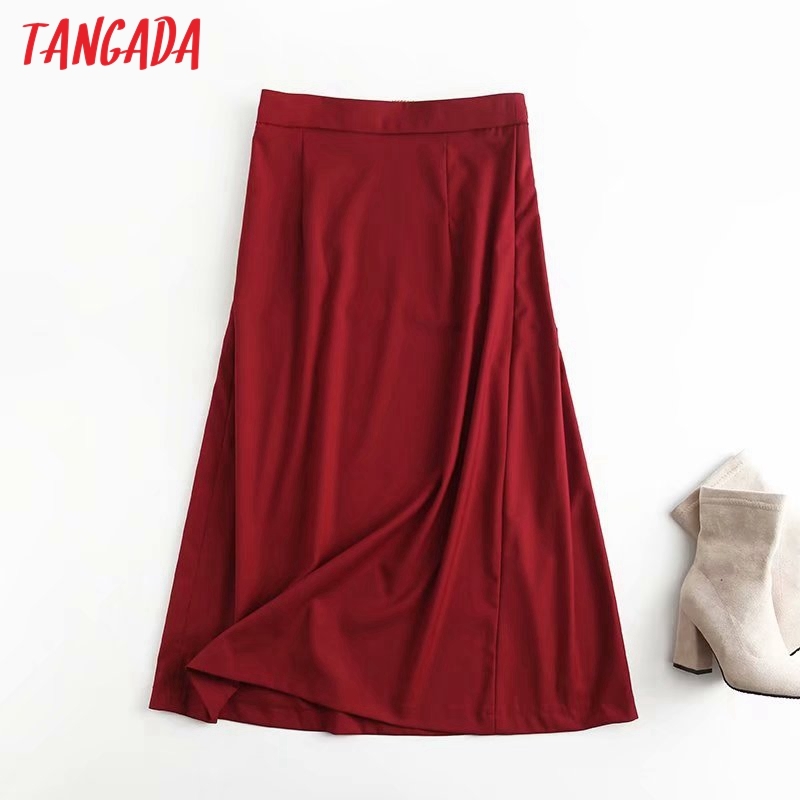 Women Red Chain Decorate Midi Skirt Faldas Mujer Vintage Side Zipper Office Ladies Elegant Chic Mid Calf Skirts 4C64 210416