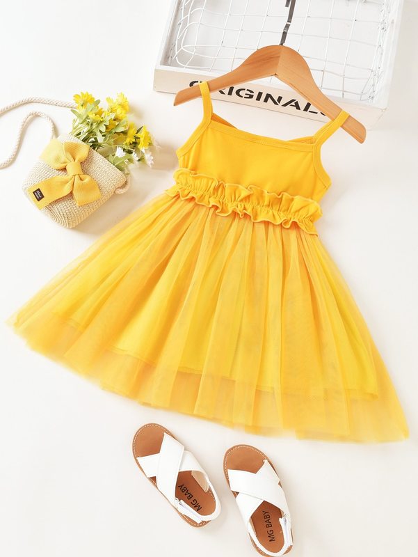 Toddler Girls Overlap Collar Ruffle Trim Contrast Mesh Cami Dress SHE