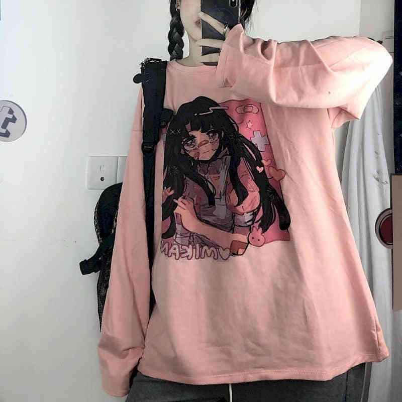 japan sweet tshirt women t shirt ins Harajuku bf retro tops girl anime printing loose long-sleeved t-shirt female student top 210406