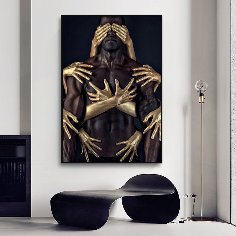 African Art Black Gold Nude Man Canvas Painting Modern Wall Art Posters and Prints Canvas Pictures for Living Room Wall Decor