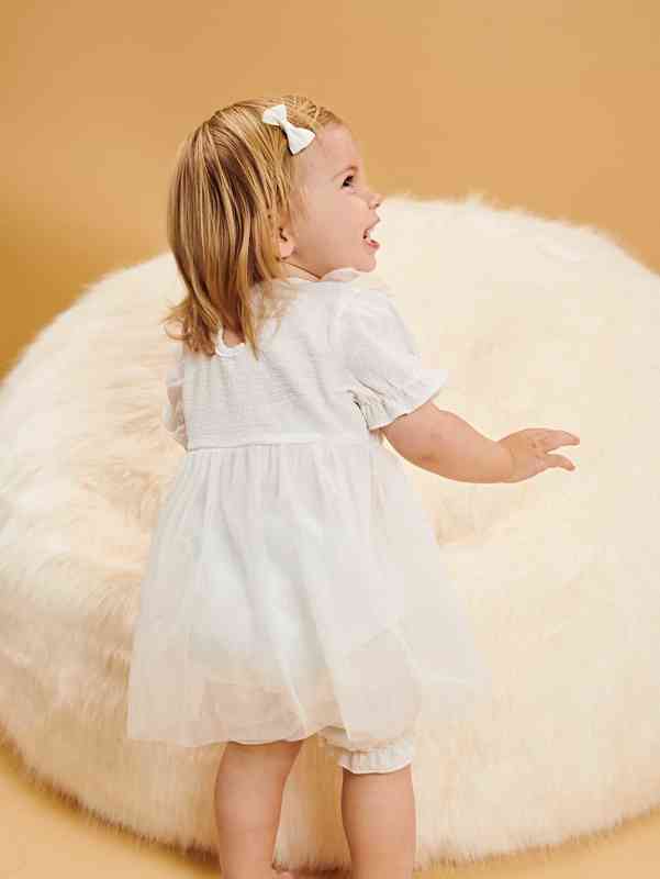 Baby Floral Embroidered Puff Sleeve Ruffle Trim Contrast Mesh Romper SHE