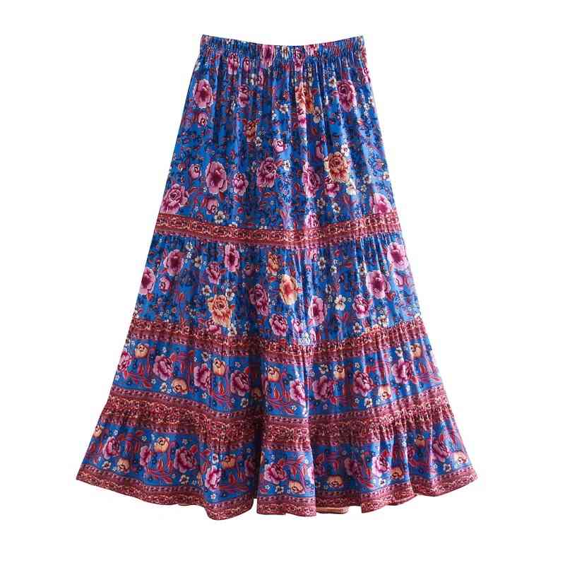 blue green Bohemian Flower Print Long Skirt Stitching Ruched Ruffle Hem Holiday Women Adjust Stream Waist Swing Skirts Beach 210429