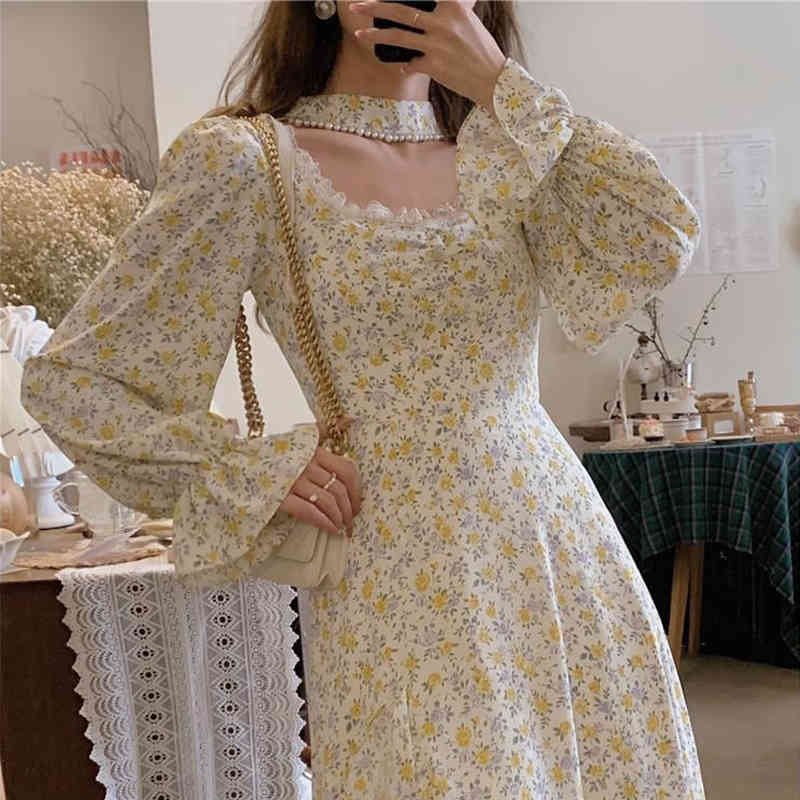 Korean Style Vintage Midi Dresses Women Casual Long Sleeve Floral Dresses Evening Party Office Lady Lace-Up Summer Chic 210521