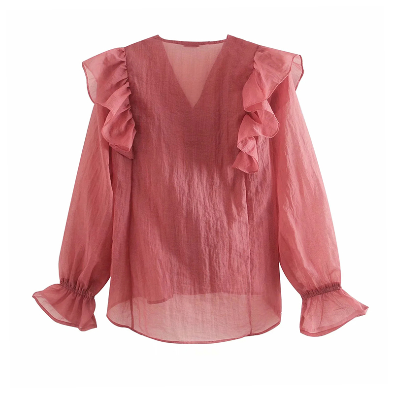 Women Elegant Pink Ruffled Blouses V Neck Long Sleeve Sweet Plaid Shirt Ladies See Through Chic Tops Blusas Mujer 210515