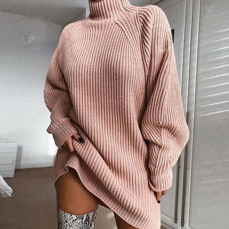 Women Turtleneck Oversized Knitted Dress Autumn Solid Long Sleeve Elegant Mini Sweater Plus Size Winter Clothes