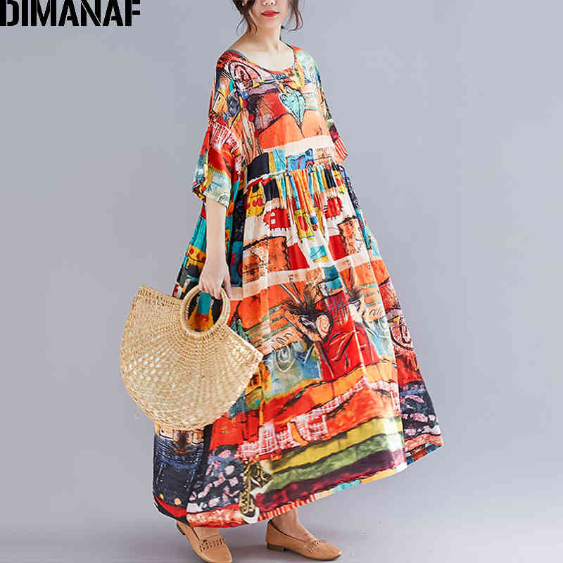 DIMANAF Plus Size Women Print Dress Summer Sundress Cotton Female Lady Vestidos Loose Casual Holiday Maxi Dress Big Size 5XL 6XL 210409