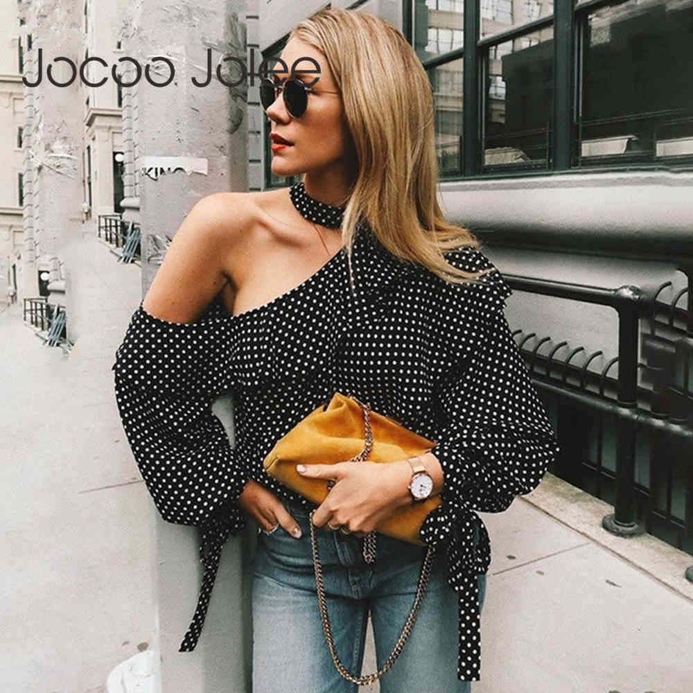 One Shoulder Polka Dot Blouse Shirt Retro Ruffle Lantern Sleeve Chiffon Sexy Bow Women Summer s 210428