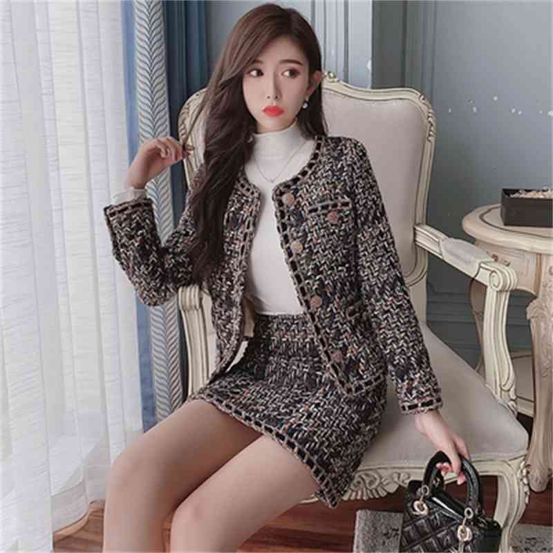 Vintage Elegant Tweed Two Piece Sets Outfits Women Single-breasted Coat + Mini Skirt Suits Autumn Korean Ladies Sets Outfit 210515