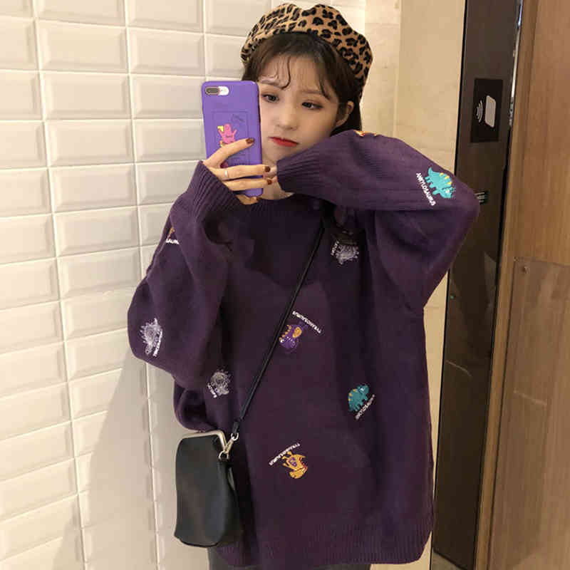 Autumn and Winter Fashion Women Sweaters Loose Pullovers Embroidery Sweater Long Sleeve O-neck Knitted Sweater 6028 50 210518