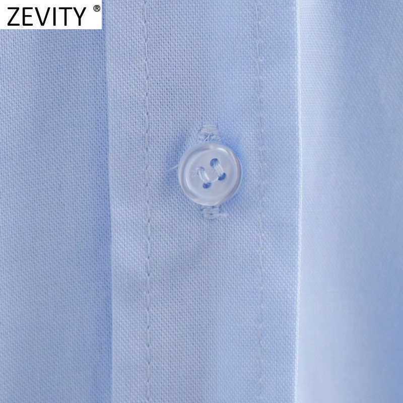 Zevity Women Simply Turn Down Collar Blue Shirts Office Lady Long Sleeve Business Blouse Roupas Chic Chemise Tops LS9373 210603