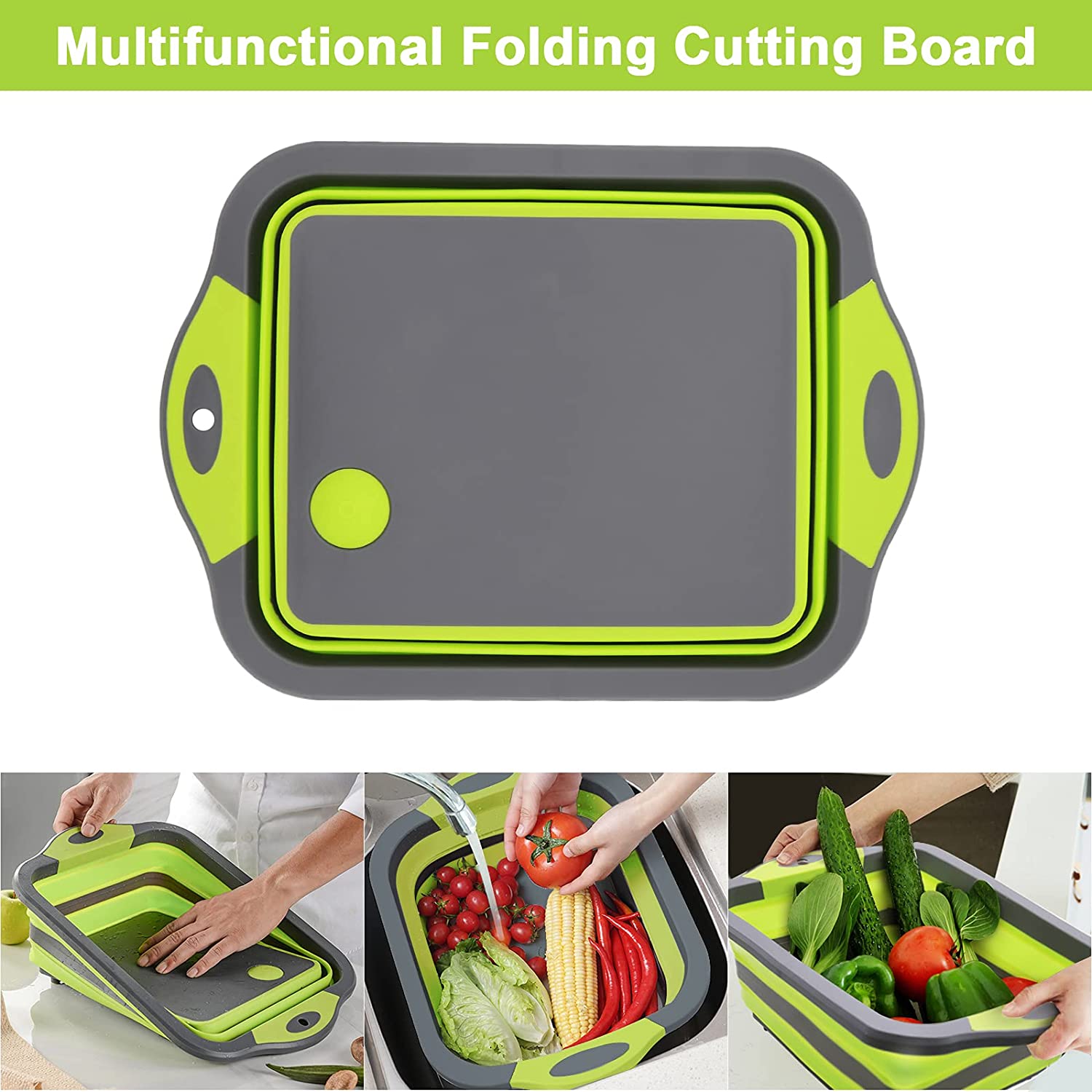 Collapsible Cutting Board Chopping Board with Colander 3 in 1 Vegetable Washing Basket Silicone Dish Tub for Kitchen Outdoor Camping Picnic BBQ Prep