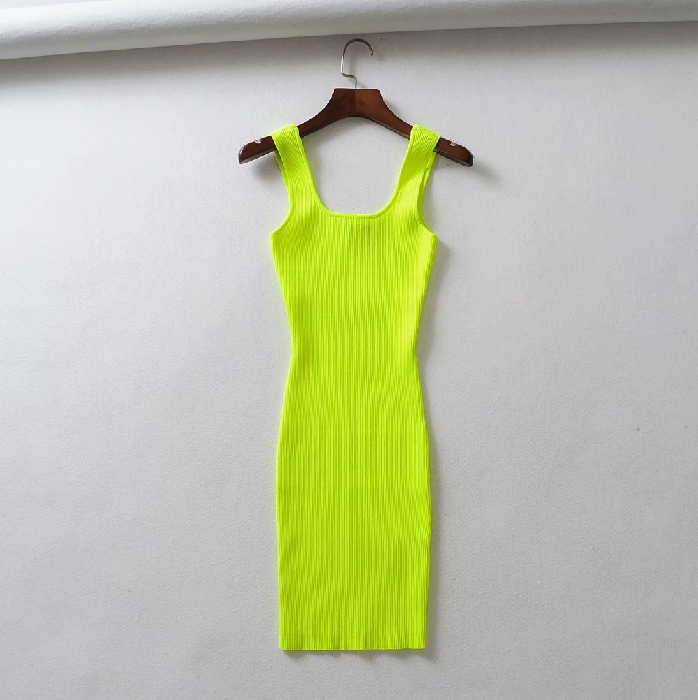 Summer Pink Neon Green Dress Women Ribbed Fluorescence Knit Bodycon Dress Tank Beach Casual Mini Dress Short Sundress 210409