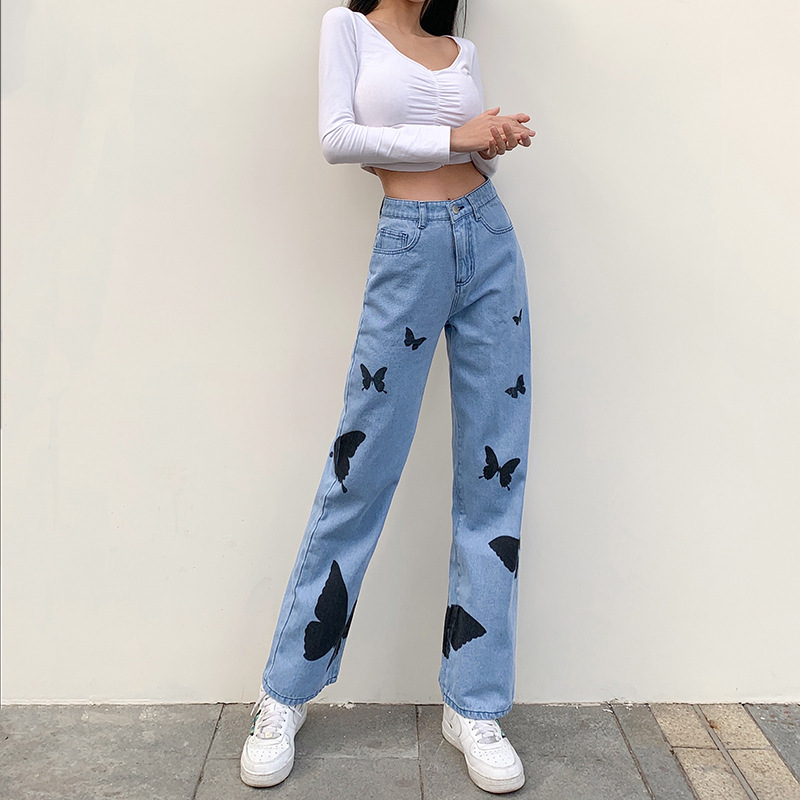 Woman Jeans High Waist butterfly printed Wide Leg Denim Clothing Blue Streetwear Vintage Quality Fashion Harajuku Straight Pants 210524