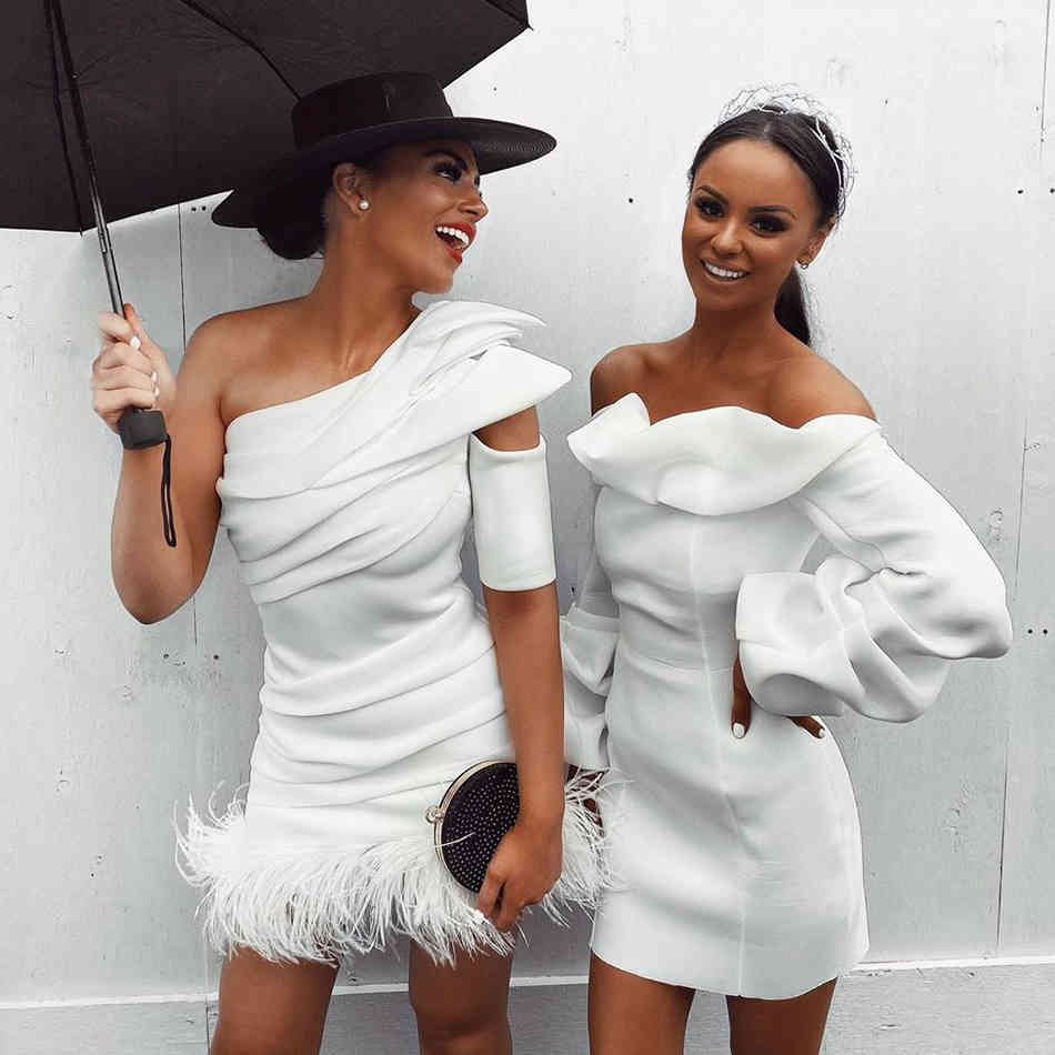 Summer Women White One Shoulder Bandage Dress Sexy Sleeveless Feathers Mini Celebrity Runway Party Vestidos 210423