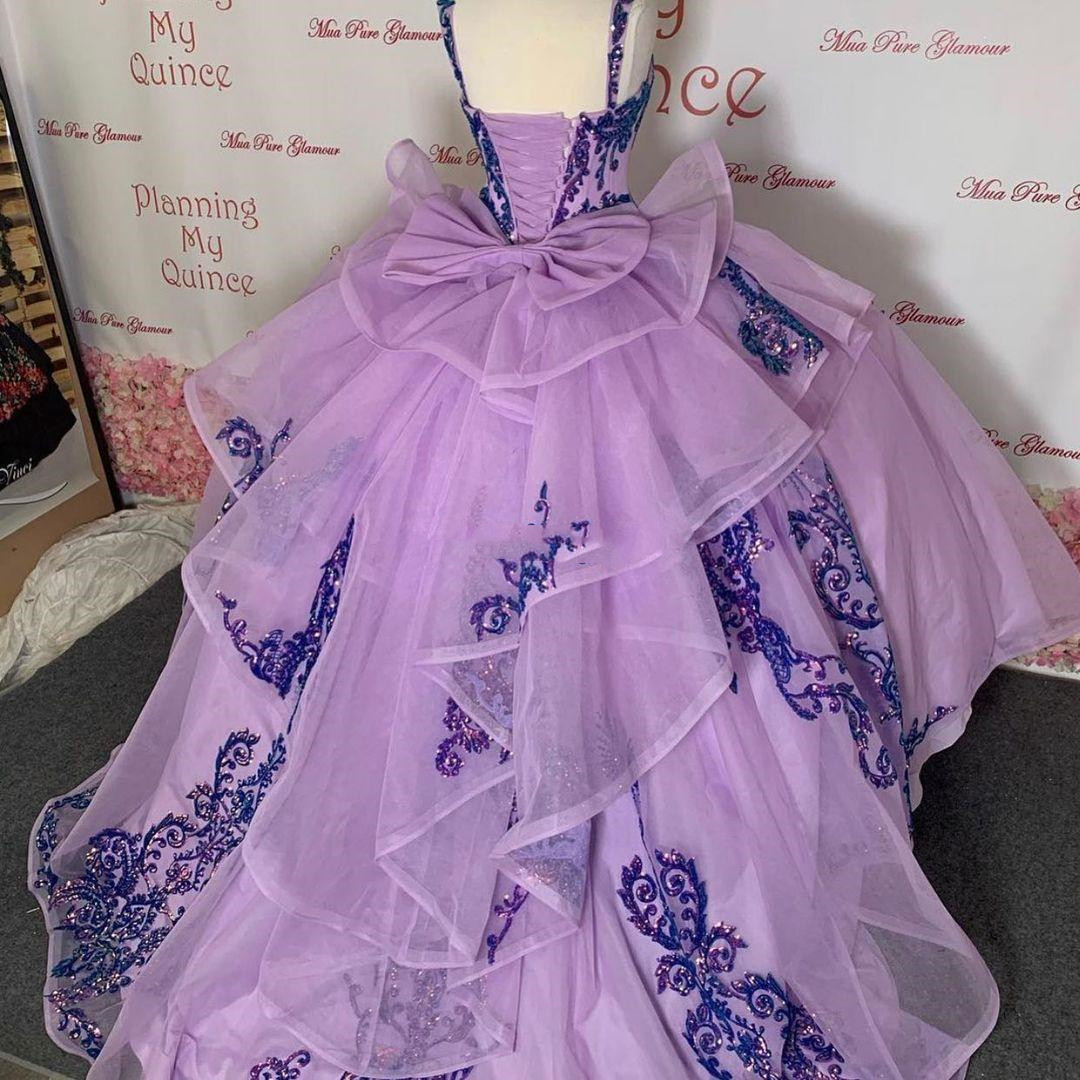 Lavender Sequined Lace Quinceanera Dresses Appliqued Sweetheart Prom Gowns With Bow Sweep Train Tulle Sweet 15 Masquerade Dress