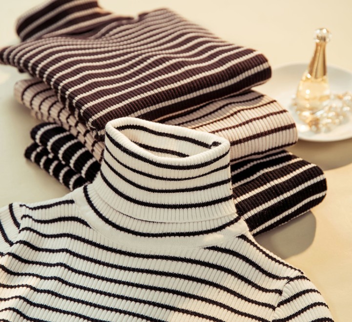 4 colors women t shirts stripe printing t-shirt autumn winter slim long-sleeved high-necked shirt size, White 
4 colors women t shirts stripe printing t-shirt autumn winter slim long-sleeved high-necked shirt size, White