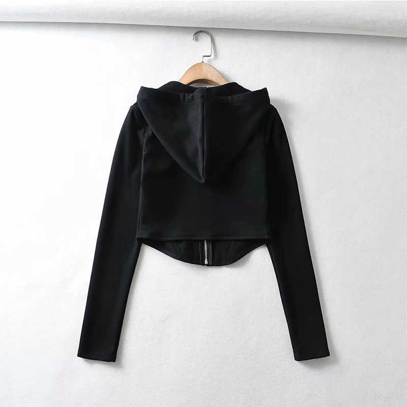 Sweatshirt Women Black Tunic Crop Hoodie Sweatshirts Zipper Spring Ladies Pullovers Pocket Hooded Tops 210628