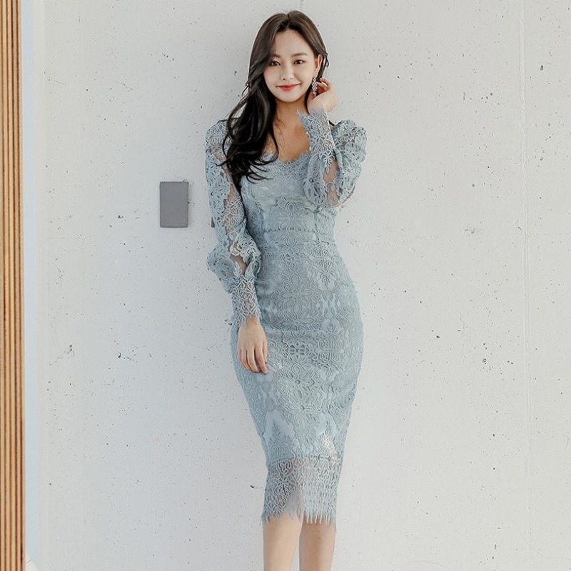 Women Eleagnt Slim Waist Lace Dress Long Sleeve Square Collar Female Office Ladies Mid-Length Vestidos 210520