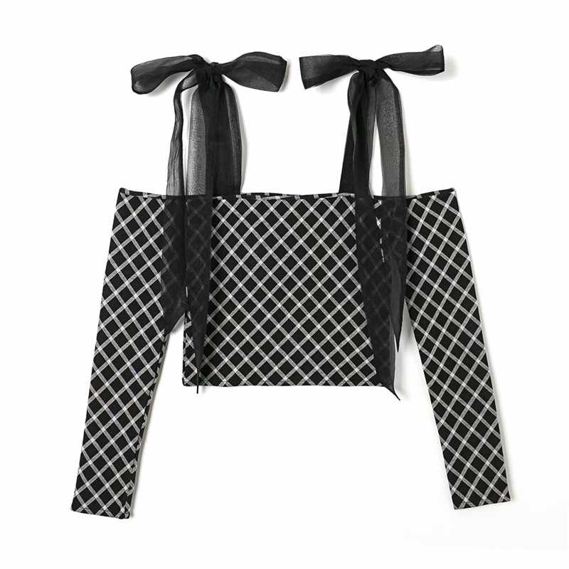 Sexy Women Chic Plaid Knitted Shirts Fashion Ladies Mesh Bow Strap Tops Sweet Female Streetwear Slash Neck Blouses 210430