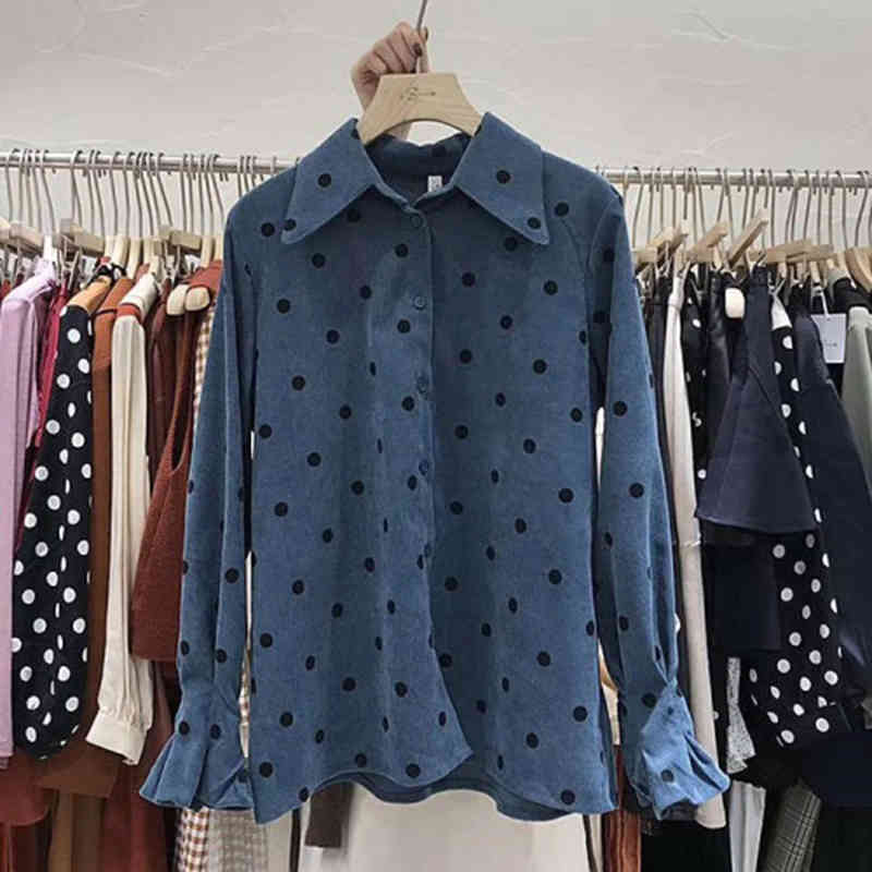 Arrival Autumn Women Turn-down Collar Long Sleeve Loose Shirt all-matched Casual Polka Dot Corduroy Blouse Tops S391 210512