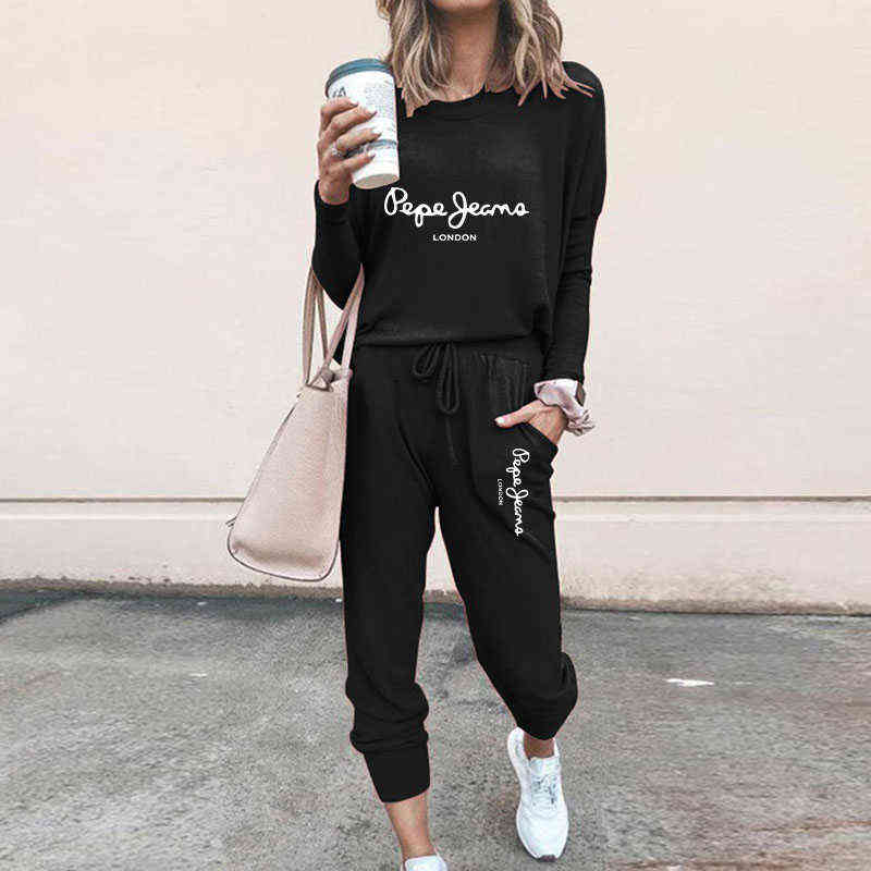 Women's Winter Suit Pepe Printed Trend Pattern Two-piece Sports Pullover Solid Color Casual Fashion Women's Tracksuit 211108