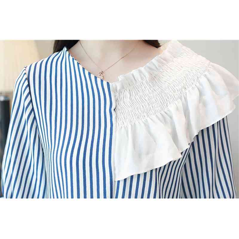 Summer Stripe Casual Women Blouse Shirt Plus Size Female Loose Slim Chiffon Shoulder Short Sleeve Tops 0641 40 210506