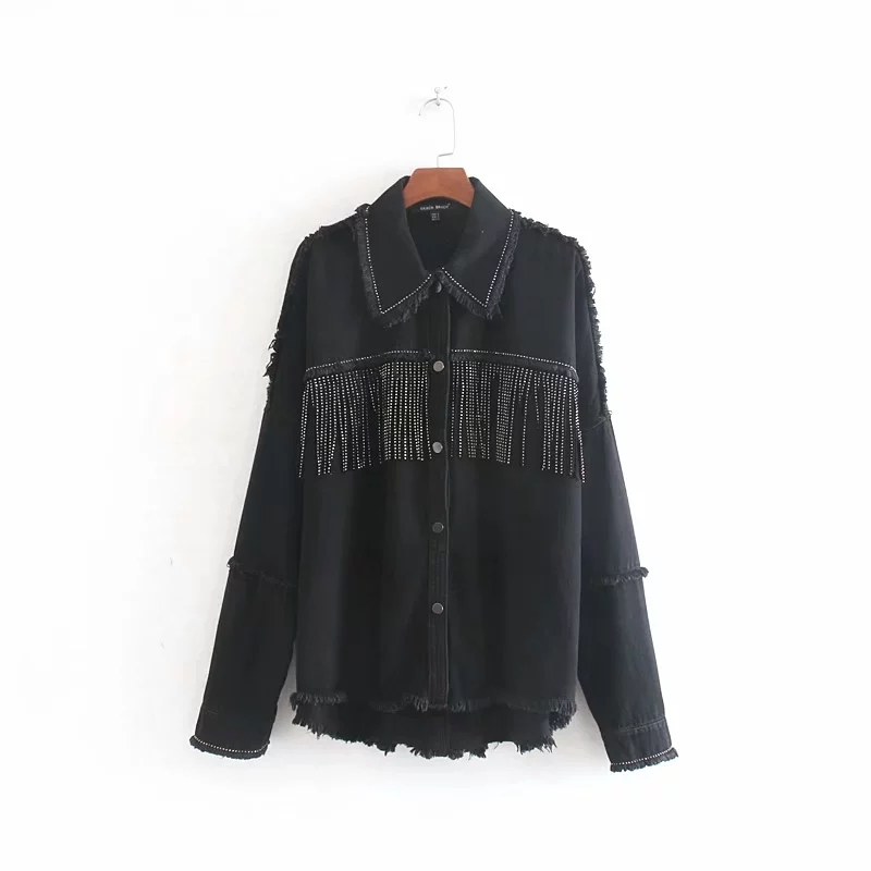 Winter coats and jackets women beading tassel black denim jacket long sleeve overcoat outwear oversized jeans 210521