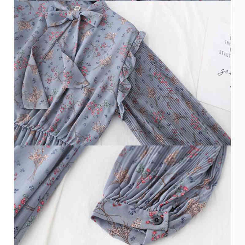 Elegant O-Neck Ruffles Women Dress Elastic Waist Print Chiffon Dress Spring Vintage Long Sleeve Bow Midi Dress Vestidos 210521