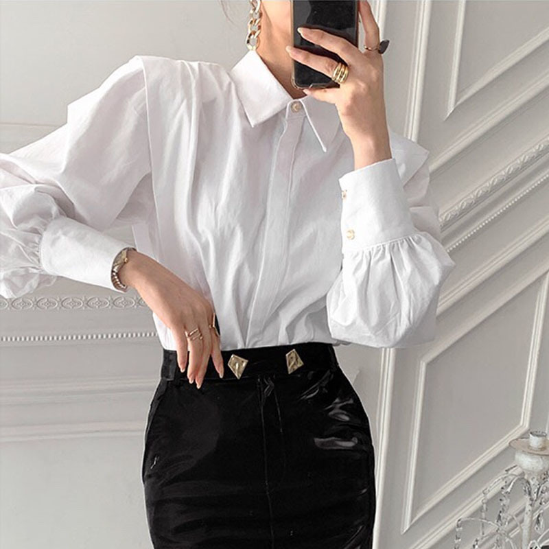 Turn-down Collar Solid Female Clothing Tops Spring Autumn Shirts Women Chic Vintage Loose White Blouse for 12872 210508