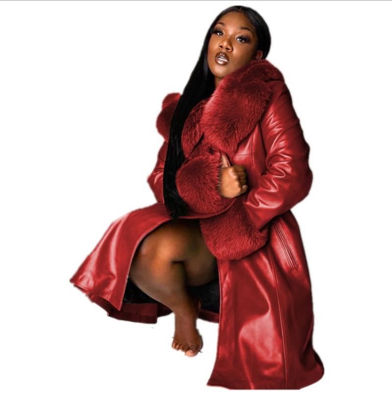 Jackets Women's Women's Keep Warm PU Patchwork Midi Coats 2022 Winter Women Plus Size Fashion Fur Collar Long Sleeve OL Style
