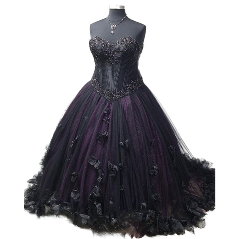 Gothic Black And Purple Masquerade Prom Dresses 3D Floral Appliqued Beaded 2022 Women Vintage Historical Victorian Corset Sweetheart Evening Gowns Lac