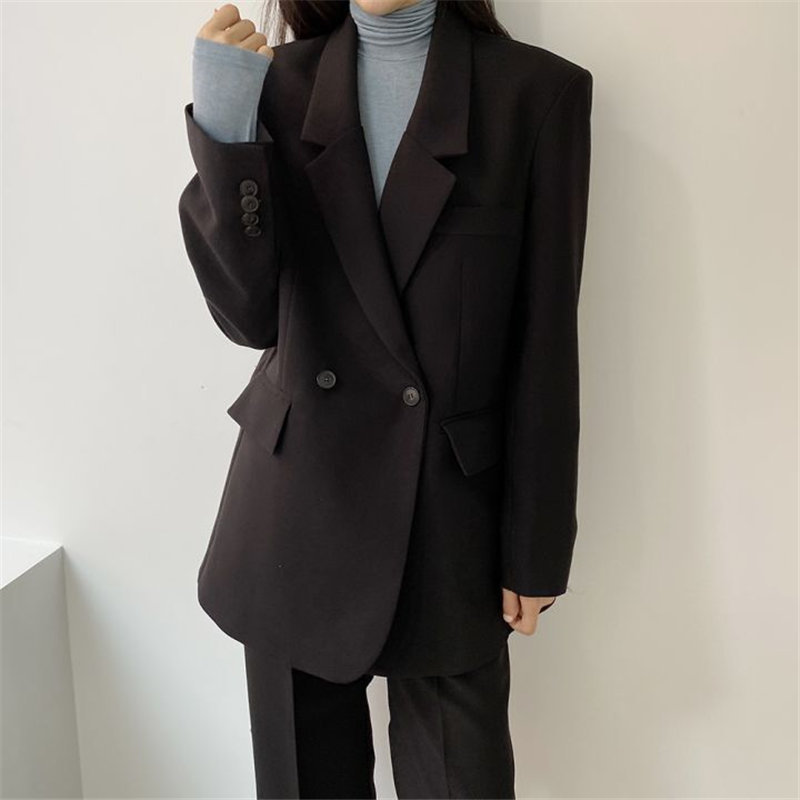 Black Chic Casual Femme Plus Size Elegance Women Blazers+ Straight Solid Pants Loose Suits Set 2 Piece Sets 210421