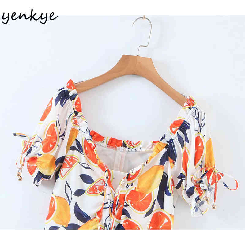 Multicolor Fruit Print Summer Dress Women Front Drawstring Sexy V Neck Short Sleeve A-line Mini Prairie Chic Robe 210430