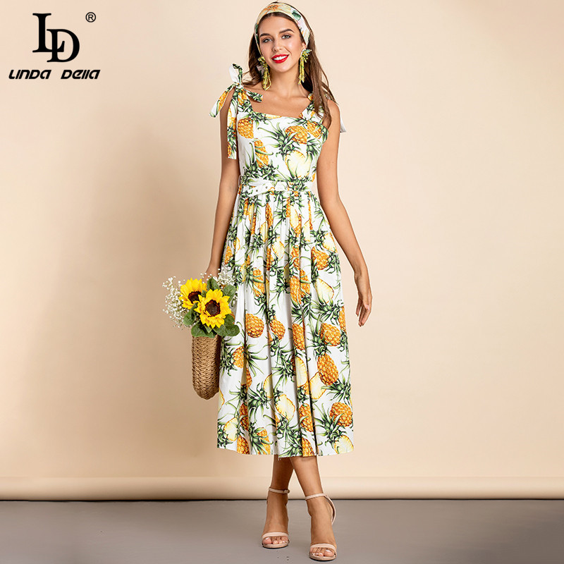 Summer Fashion Cotton Elegant Vacation Dress Women Spaghetti Strap Pineapple print Bohemian Midi Dresses 210522