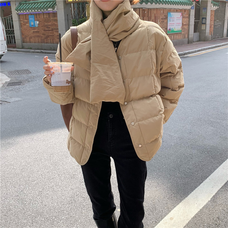Winter Jacket Women Solid Basic Coat OL Loose Thicken Warm Cotton Padded Bread Clothes Parkas with Scarf 210421