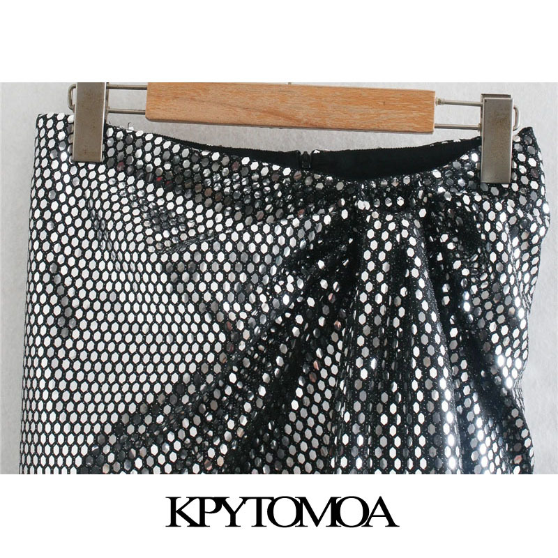 Women Fashion With Knot Shiny Sequin Mini Skirt High Waist Back Zipper Female Skirts Mujer 210420