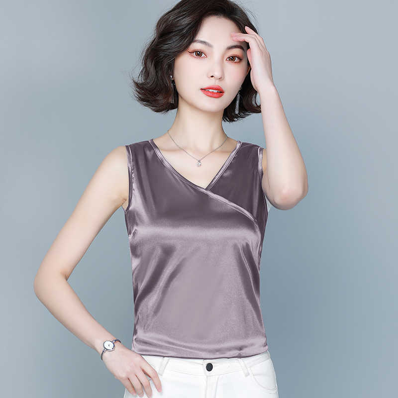 Korean Women Blouses Shirts for Woman Solid Satin V-Neck Chiffon Sleeveless s Tops 210604