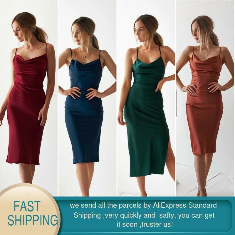 vintage summer sexy satin long dress for women bodycon sleeveless backless silk elegant women's es midi Female 210428