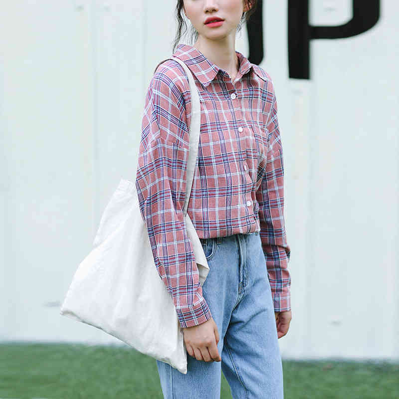 Women Elegant Plaid Blouse Bawting Long Sleeve Lady Shirts Pocket Turn Down Collar Casual Shirt Tunic Roupas Feminina 210508