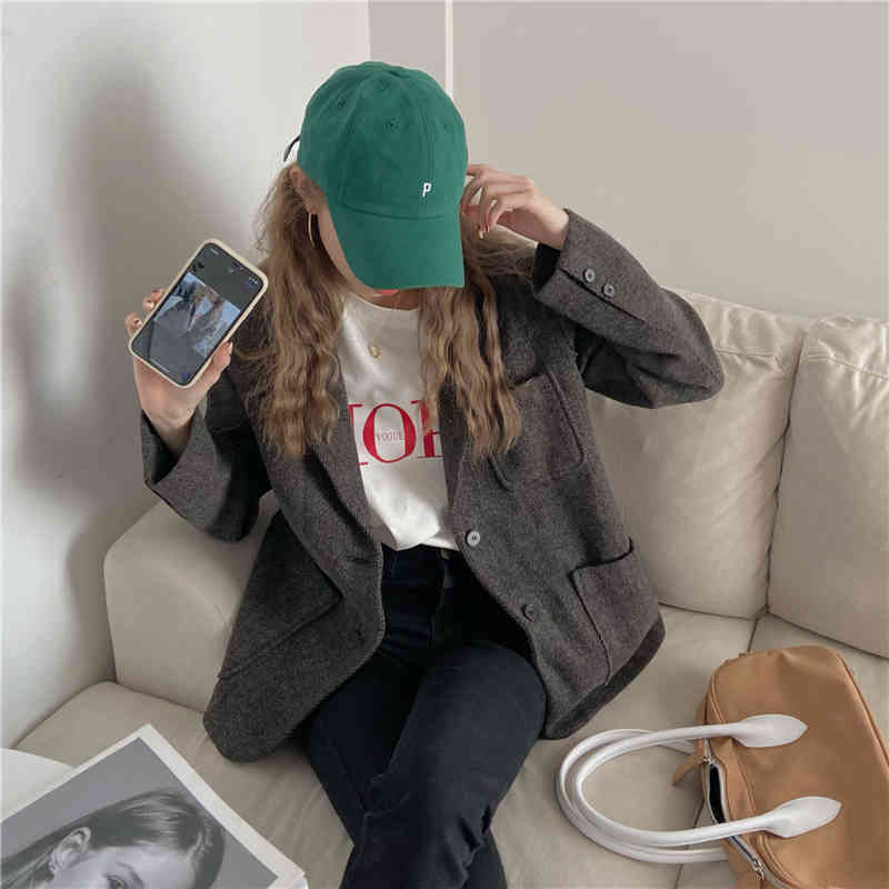 Grey Woolen Outwear Retro Blazers All Match Women Gentle Streetwear Jackets Female Chic Korean Vintage Coats 210421