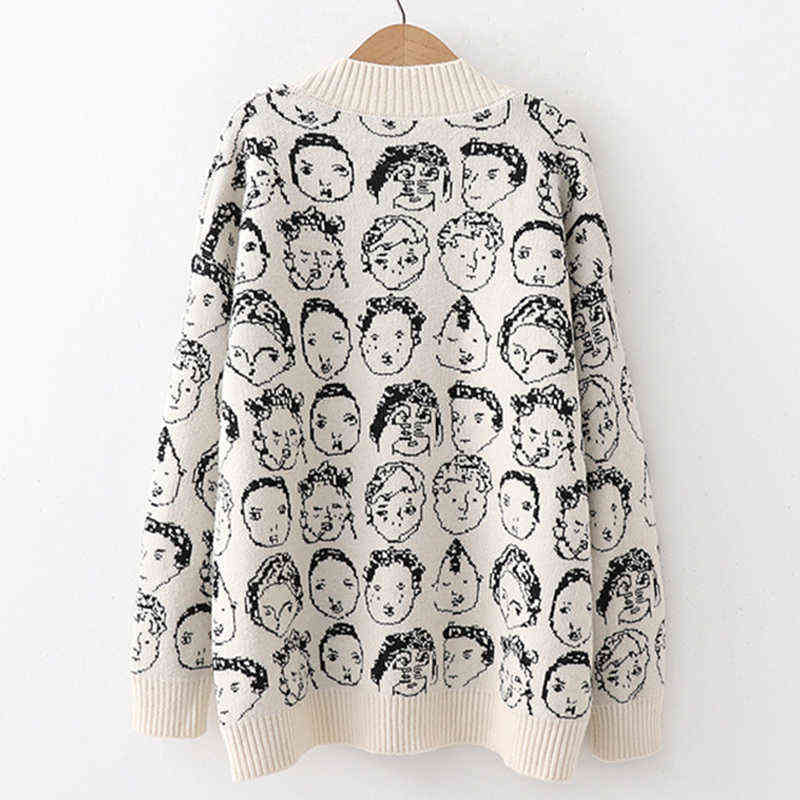 AZYT Autumn Winter Comic V neck Cardigan Female Jacket Knitwear Sweater Coat Casual Knit Jacket Sweater For Women 211109