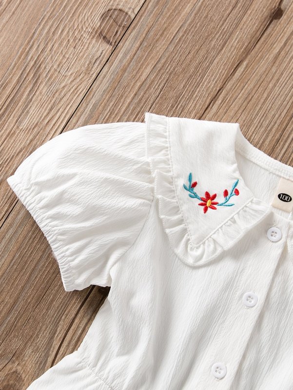 Toddler Girls Floral Embroidered Frilled Statement Collar Puff Sleeve Dress SHE