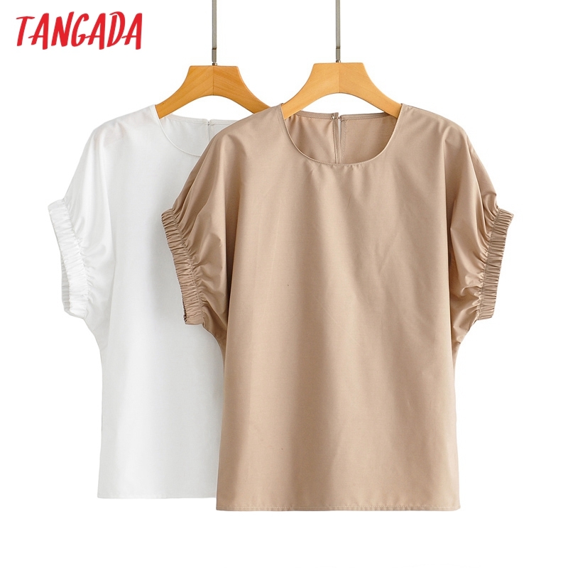 Women Retro Solid Khaki Summer Puff Short Sleeve Chic Female Shirt Tops AI36 210416