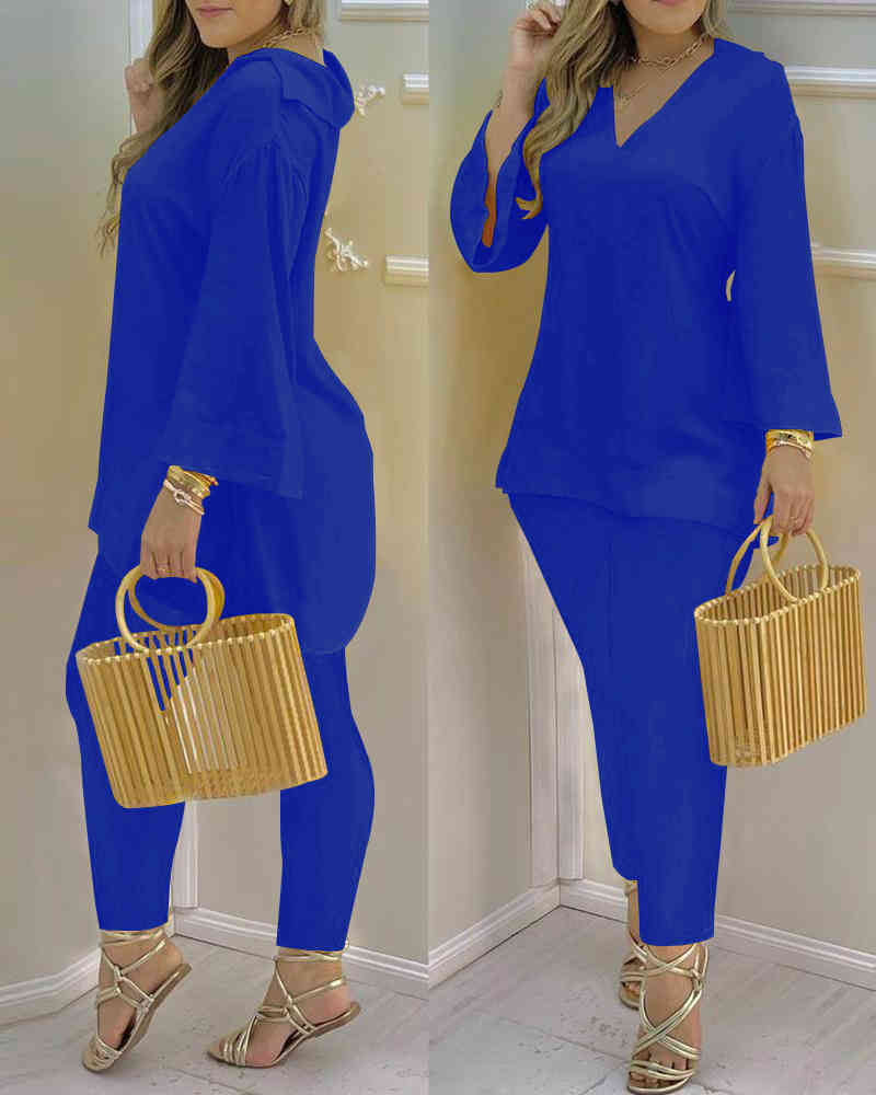 Spring Autumn Women 2Pcs Plain Bell Sleeve V-Neck Top & Pant Set Lady Casual Long Sleeve Solid Blouse & Trousers Suit Set 210415