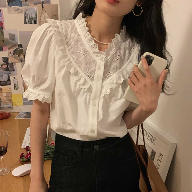 Korejpaa Women Shirt Summer Korean Chic Ladies Retro Style V-Neck Lace Stitching Single-Breasted Puff Seeve Blouses 210526